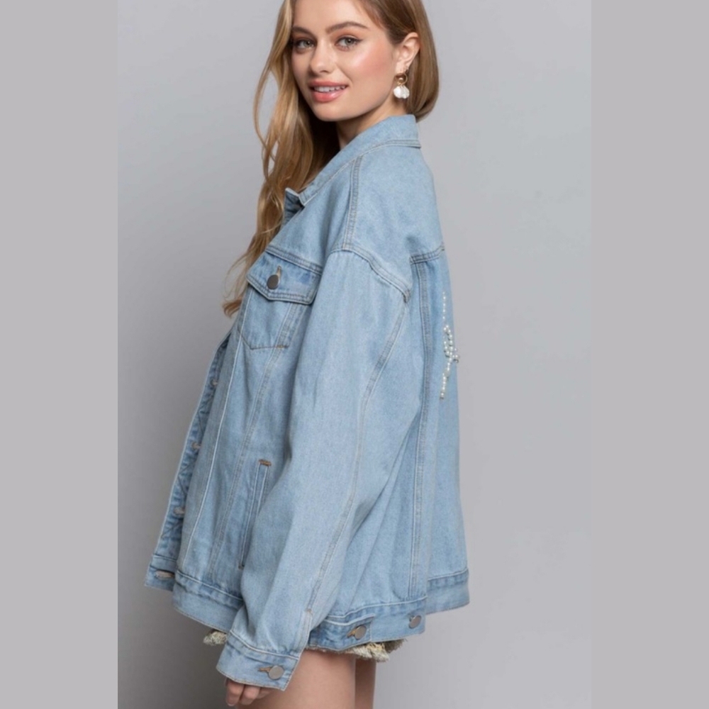 Pearl Embellished LOVE denim jean blogger jacket - Picture 6 of 7